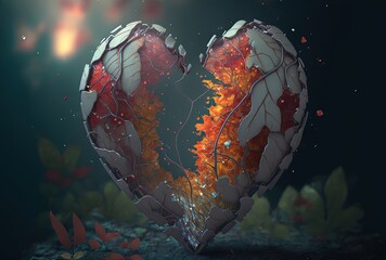 surreal illustration of a heart shape rock with some moss and flower grow on it , idea for mental health, strong and kind, bold and gentle , and beautiful balance of life