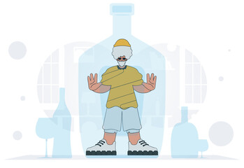 The concept of alcohol addiction. The guy is inside the bottle.