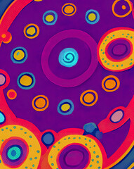 Circles and dots in luminous colors, bright red orange and pink dots, blue, purple, illustration, digital