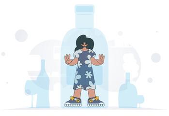 The concept of treatment for alcohol addiction. The woman is inside the bottle.