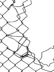 torn wire fence. seamless chain link fence. industrial fence on a white background isolated