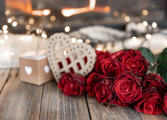 Festive background for Valentine's Day with a bouquet of red roses, copy space.