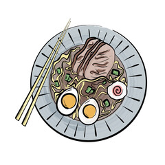 Ramen Japanese noodle dish. Japanese food. Asian cuisine. Flatlay vector illustration