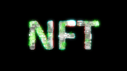 shining cybernetic text NFT on black - meta universe concept, isolated - object 3D illustration