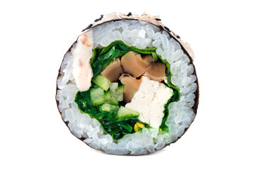 Japanese sushi roll with champignon mushrooms, tofu cheese, seaweed, cucumber, rice and nori isolated on white.