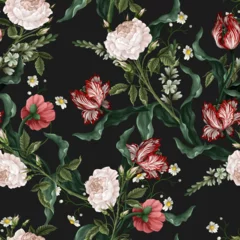 Foto op Aluminium Seamless pattern with vintage flowers, such as roses, tulips. Vector. © Yumeee
