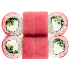 Set of maki sushi rolls with raw tuna, cream cheese, cucumber, rice and nori, isolated on white.