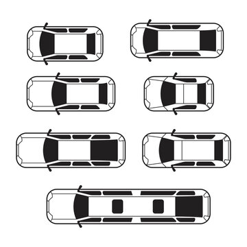 Car Icon Set, View From Above, Black Isolated On White Background, Vector Illustration.