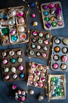 Collection of vintage glass Christmas baubles.