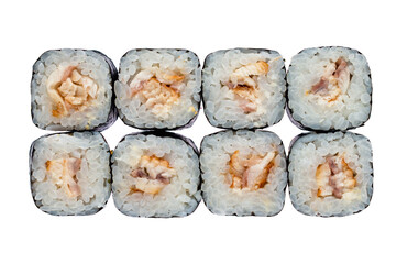 Set of maki sushi rolls with sea bass fish, rice, nori, isolated on white.