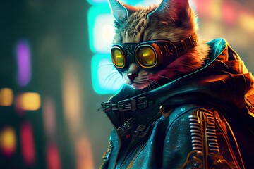 cyberpunk cat at night time in city