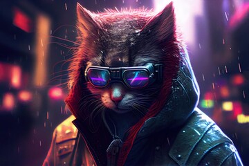 cyberpunk cat at night time in city