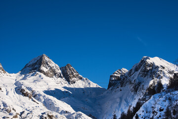 Alpine view. From left: Pizzo del Diavolo di Tenda ('peak of the devil'), Valsecca Pass, Poris Peak and Mount Grabiasca. Orobie Alps, Lombardy, Italy