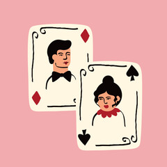 Playing cards with Jack and Queen of Spades. Valentines Day illustration in modern groovy doodle style