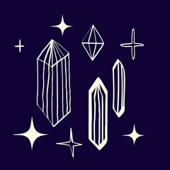 Magical crystals and mystical gems. Spiritualistic and magical symbols. Vector sloppy illustration in doodle style