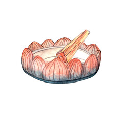 Round metal stand for burning palo santo sticks with edges in the shape of flower petals, lotus. Watercolor illustration, white background. Serving bowl, ashtray, candle holder. Aromatherapy facility