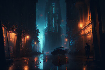 Cyberpunk streets, futuristic city, wallpaper, rain, foggy, dystopia, moody empty future, art illustration