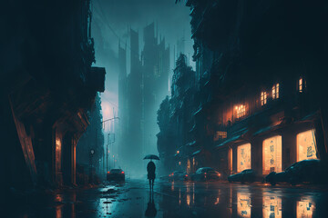 Fototapeta premium Cyberpunk streets, futuristic city, wallpaper, rain, foggy, dystopia, moody empty future, art illustration