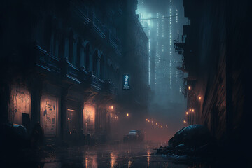 Fototapeta na wymiar Cyberpunk streets, futuristic city, wallpaper, rain, foggy, dystopia, moody empty future, art illustration
