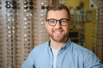In Optics Shop. Portrait of male client holding and wearing different spectacles, choosing and...