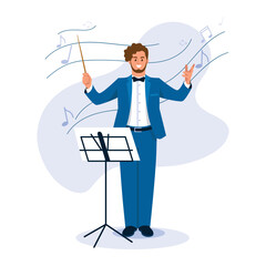 Vector illustration of conductor. Cartoon scene with a boy who sets the beat of melody and notes fly around him on white background.