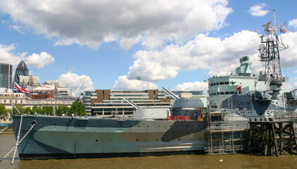 London, England, in the Summer looking at the HMS Belfast 
