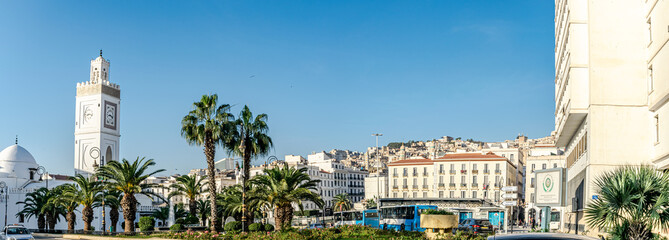 The old great mosque of Algiers. El Hadi Mghiref garden, busses parked at the Martyr's square bus station, El Aurassi hotel view between two palm trees and a clear blue sky in background. - obrazy, fototapety, plakaty