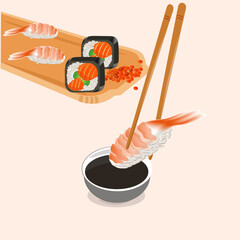 Rolls and sushi with shrimp and red fish on a wooden tray