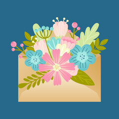 Hand drawn flowers inside the envelope. Spring flower arrangement. Flat vector illustration.