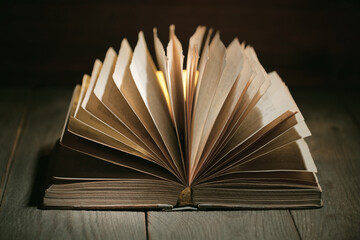 an open book with open pages, a thick old book on the table, knowledge and education