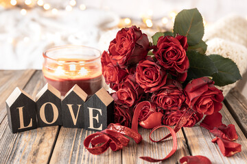Background for Valentine's Day with a bouquet of roses and decorative details.