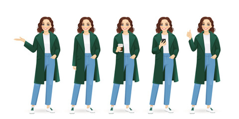 Obraz premium Young beautiful woman in green coat. Winter or autumn clothes isolated vector illustration