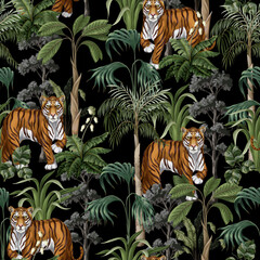 Seamless pattern with tiger and jungle trees. Vector.