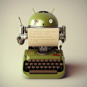 A Robot Typing On A Rypewritter, Generating Text, Artificial Intelligence Illustration, Generative Ai