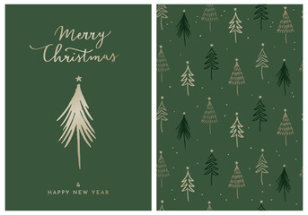 Fototapeta na wymiar Set Of Two Holiday Vector Designs With Hand Drawn Simple Christmas Trees. Elegant Greeting Card With Gold Elements And Seamless Pattern On Dark Green Background. Handwritten Christmas Wishes.