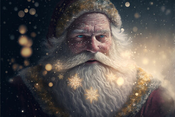 Santa Claus with winter lights and snow flakes