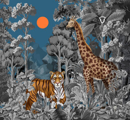 Obraz premium Monochrome jungle landscape with wild animals for kids. Vector.