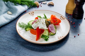 Greek salad with feta and fresh vegetables, olive oil and red onion