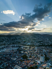 Beautiful aerial view of the mountains of Oaxaca at sunset in Mexico.