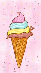 Ice cream in a waffle cone. Cartoon character ice cream snail, slug. Blue, pink, yellow bright colors. Funny, cute, sweet summer concept. Hand drawn illustration.