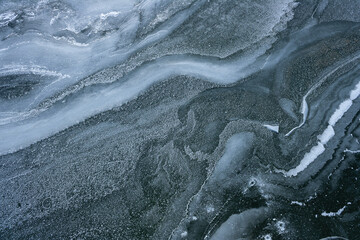 pattern of snow and ice on a frozen river, top view