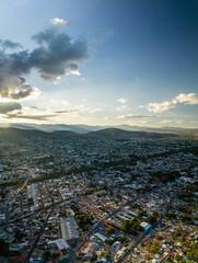 Beautiful aerial view of the mountains of Oaxaca at sunset in Mexico.