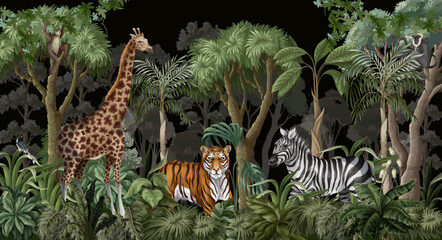 Jungle landscape with wild animals for kids. Vector.