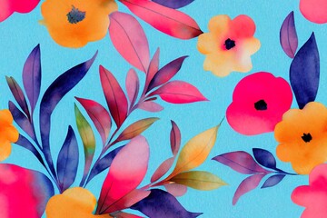 Ditsy and Mixed Retro Flowers and Leaves Drawn by Hand in Crayon and Watercolor Create a Seamless Pattern on a Vibrant, Isolated Background Generative AI