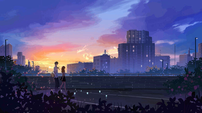 couple in the city at midnight anime digital art illustration paint background wallpaper © Lofi Illustration