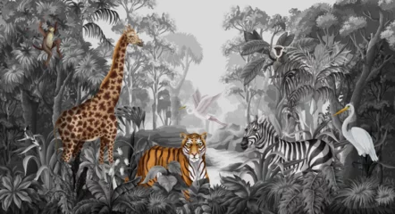 Zelfklevend Fotobehang Monochrome jungle landscape with wild animals for kids. Vector. © Yumeee