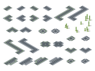 Isometric street or road layout with green nature low poly elements for smart city. Vector illustration set