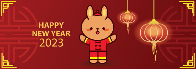 Cartoon kawaii rabbit against the red background with traditional chinese decorative shapes with hanging glowing red paper lanterns. Chinese new year vector banner design.