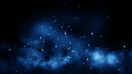 Blue fire embers particles texture overlays . Sparkle burn effect on isolated black background for movie scenes.