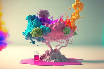 Chemical reaction, diffusion, 
bonsai. Scientific experiment. Abstract background with splashes. Generate AI.